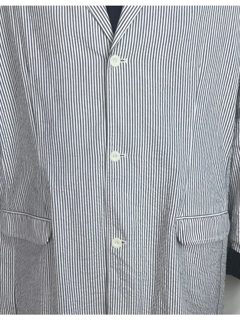 Blue White Striped Cotton Unstructured Seersucker Blazer L Lightweight Nautical